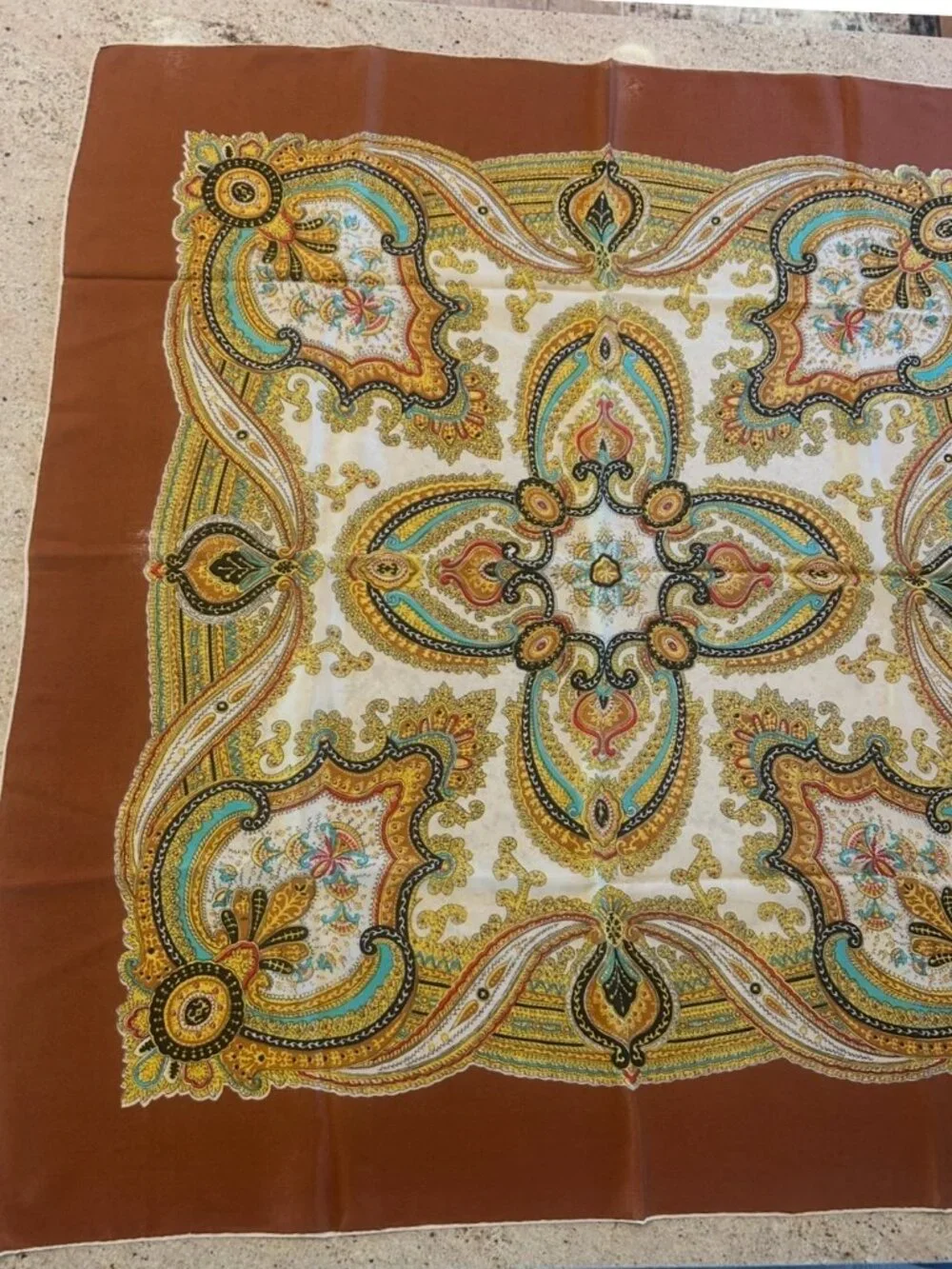 Vintage Glentex All Silk Hand Rolled Made in Japan Brown Border Scarf